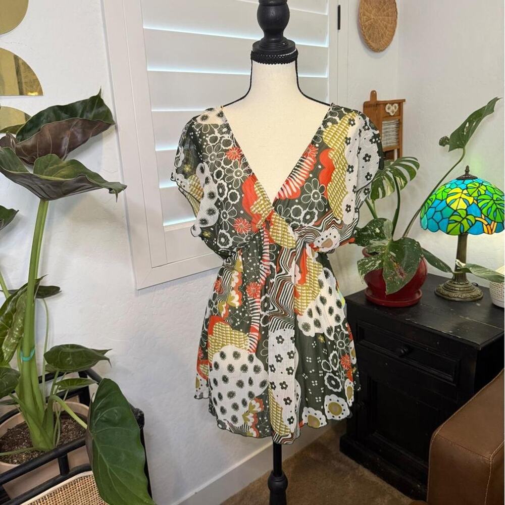 Y2K Forever 21 Abstract Floral Tunic Deadstock Made in USA M